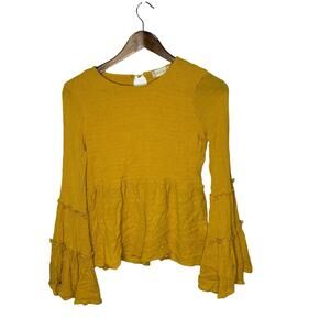 *Altar'd State Yellow smocked swiss dot Bell Sleeve Blouse‎ Women's Size Small